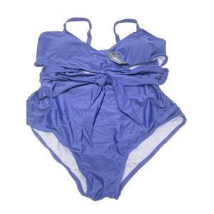 Women's Plus Size One Piece Bathing Suit Blue 18W with Front Tie Accent